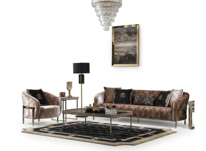 Zestaw kanapowy trzyosobowy Fotel beżowy materiałowy sofa tapicerowana stolik kawowy