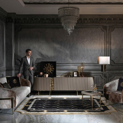 Zestaw sofowy trzyosobowy Fotel beżowy sofa materiałowa RTV Stolik 4-częściowy