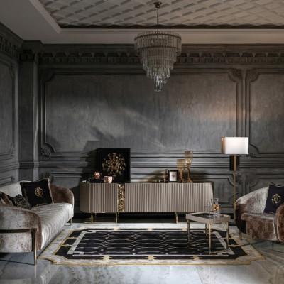 Zestaw sofowy trzyosobowy Fotel beżowy sofa materiałowa RTV Stolik 4-częściowy