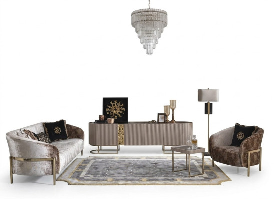 Zestaw sofowy trzyosobowy Fotel beżowy sofa materiałowa RTV Stolik 4-częściowy