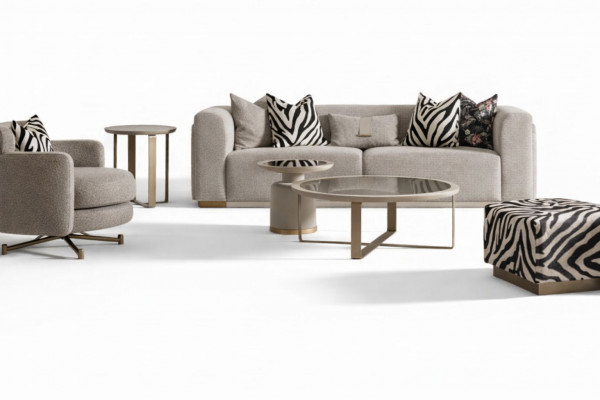 Zestaw sofowy czteroosobowa sofa materiałowa Fotel Stoliki do kawy szary komplet 6 sztuk