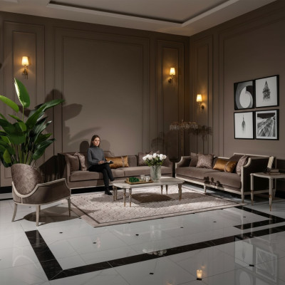 Zestaw wypoczynkowy czteroosobowy 4 Siedziba stolik kawowy sofa materiałowa Fotel brązowa 4-częściowa