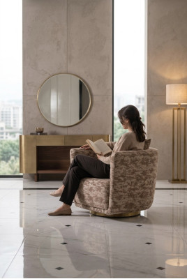 Ustawić Salon Fotel Kredens Lustro Beżowy Materiał Drewno Relaks 3szt