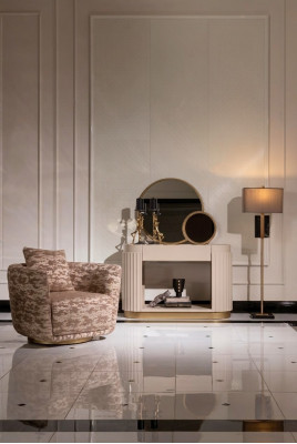 Ustawić Salon Fotel Kredens Lustro Beżowy Materiał Drewno Relaks 3szt