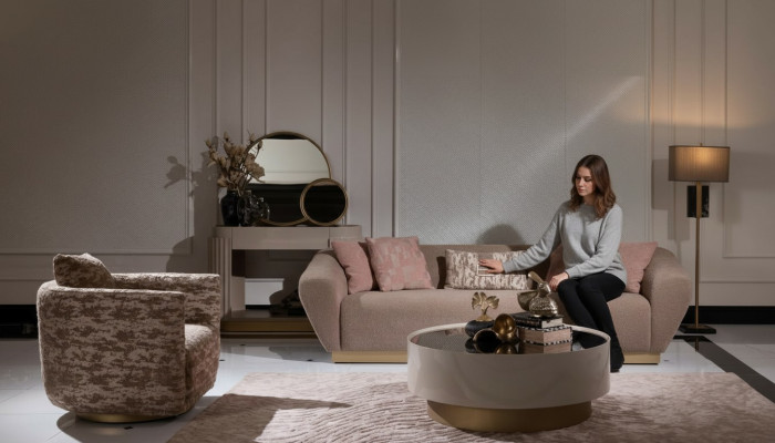 Zestaw sofowy Sofa 3 miejsce do siedzenia Fotel stolik kawowy Kredens Beige Materiał 5-częściowy