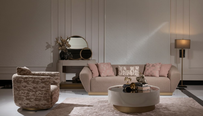 Zestaw sofowy Sofa 3 miejsce do siedzenia Fotel stolik kawowy Kredens Beige Materiał 5-częściowy