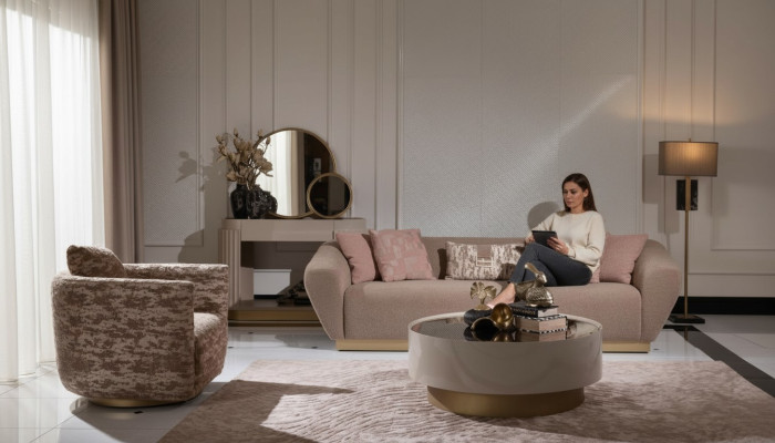Sofa materiałowa Ustaw Sofa 3 miejsce do siedzenia Fotel stolik kawowy Beż Materiał 3-częściowy