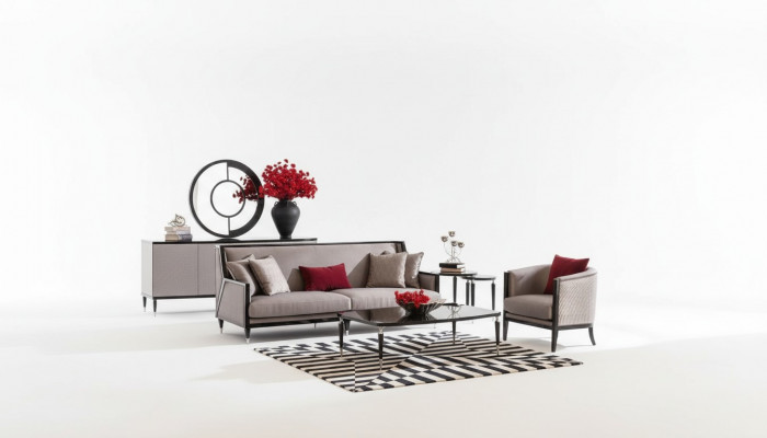 Zestaw sofowy trzyosobowy Fotel Stoliki do ekspresu 5-częściowa sofa materiałowa w kolorze szarym