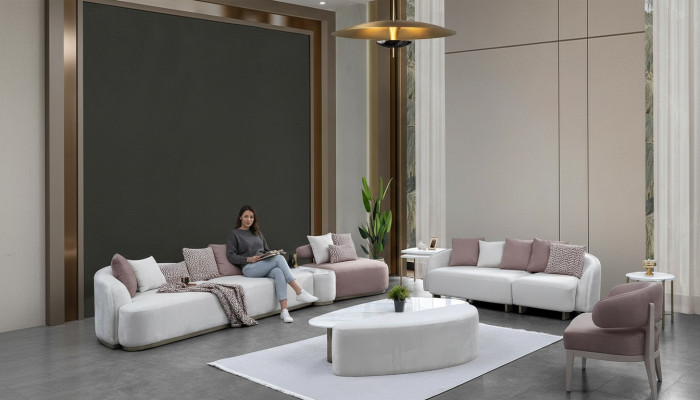 Zestaw sofowy Duża sofa tapicerowana sofa materiałowa sofa trzyosobowa w kolorze różowym komplet 4 sztuki