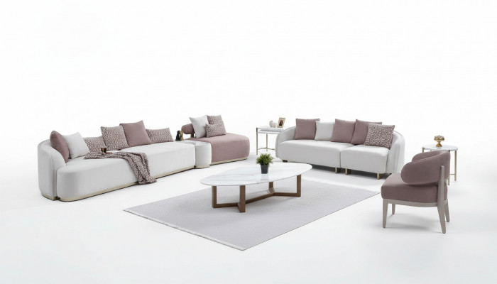 Zestaw sofowy Duża sofa tapicerowana sofa materiałowa sofa trzyosobowa w kolorze różowym komplet 4 sztuki