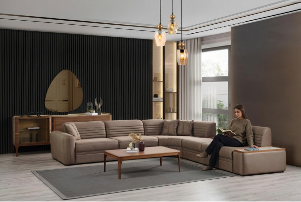 Narożnikowa kanapa Sofa sztuczna skóra stolik kawowy Brązowa tapicerowana sofa do salonu