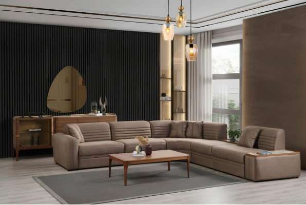 Narożnikowa kanapa Sofa sztuczna skóra stolik kawowy Brązowa tapicerowana sofa do salonu