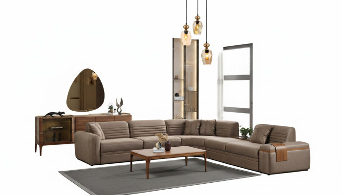 Narożnikowa kanapa Sofa sztuczna skóra stolik kawowy Brązowa tapicerowana sofa do salonu