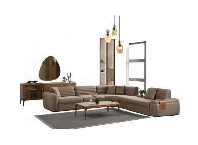 Narożnikowa kanapa Sofa sztuczna skóra stolik kawowy Brązowa tapicerowana sofa do salonu