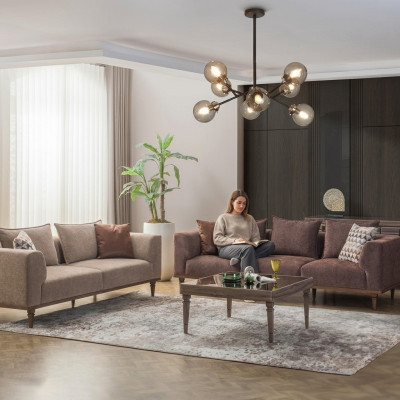 Zestaw kanapowy czteroosobowa trzyosobowa sofa z brązowej tkaniny tapicerowana sofa kanapa