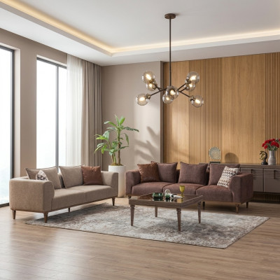 Zestaw kanapowy czteroosobowa trzyosobowa sofa z brązowej tkaniny tapicerowana sofa kanapa