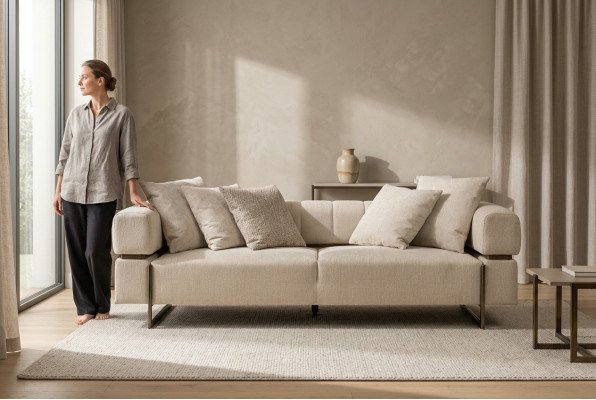 Beżowa trzyosobowa designerska sofa materiałowa Meble tapicerowane Luksusowe 3-miejsce siedzenia