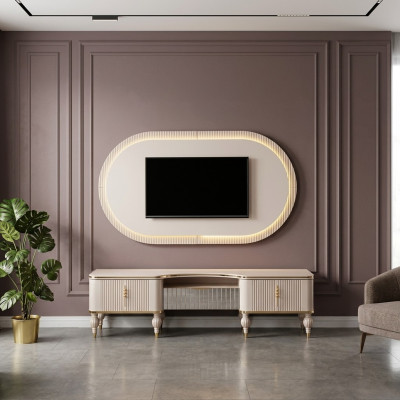 Nowoczesny Beżowy Jednostka ścienna Ustaw Designerski Panel Ścienny RTV Lowboard 2szt