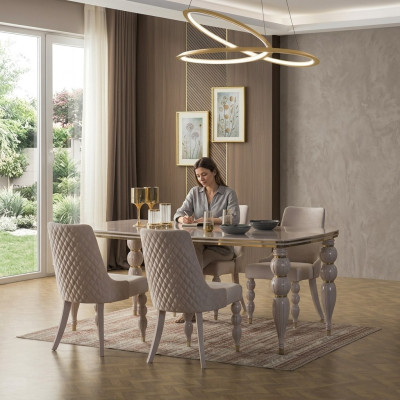Ciemnobeżowy designerski zestaw do jadalni Drewno Stół obiadowy x6 Krzesła 7-częściowy luksusowy zestaw
