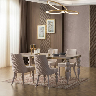 Ciemnobeżowy designerski zestaw do jadalni Drewno Stół obiadowy x6 Krzesła 7-częściowy luksusowy zestaw