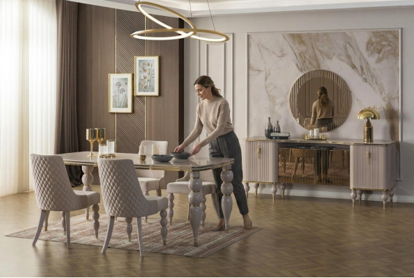 Beżowy designerski kredens jadalnia Meble Stół obiadowy Krzesła Kredens 9 sztuk