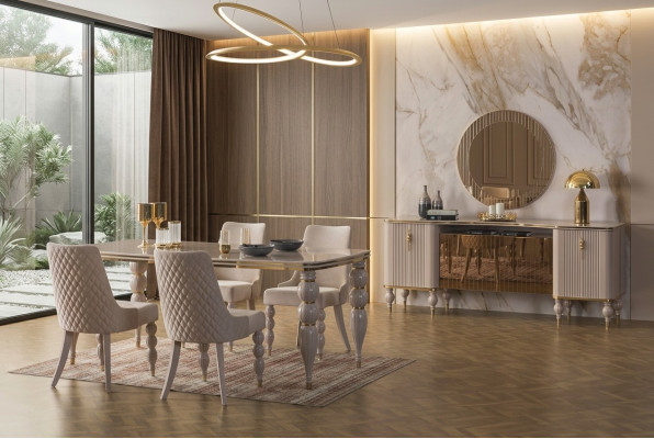 Beżowy designerski kredens jadalnia Meble Stół obiadowy Krzesła Kredens 9 sztuk