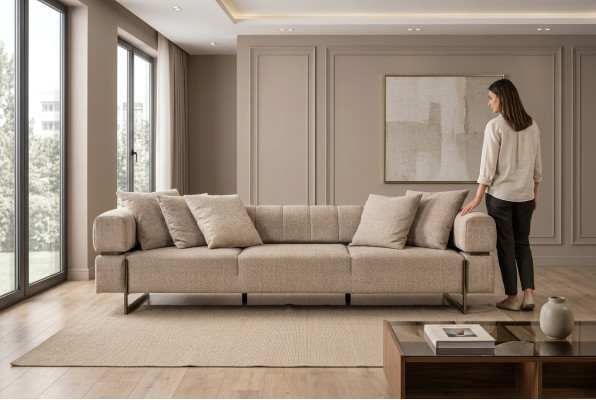 Beżowa czteroosobowa designerska sofa materiałowa tapicerowane sofy do salonu kanapy