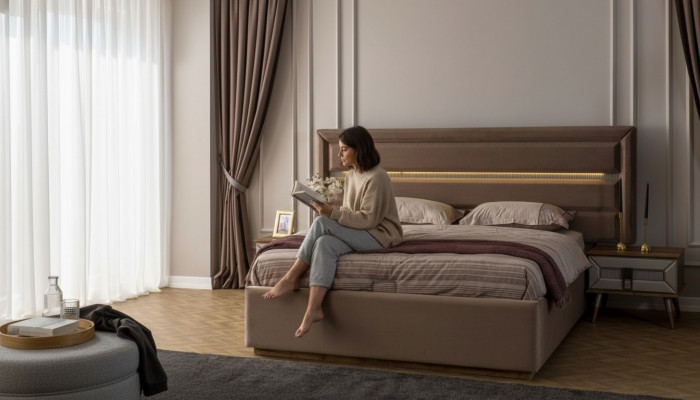 Zestaw do spania w kolorze brązowym Exclusive Podwójne łóżko 2x Konsole nocne Drewno 3-częściowe