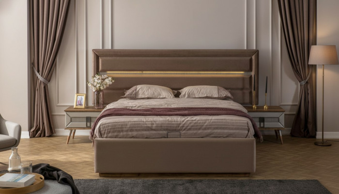 Zestaw do spania w kolorze brązowym Exclusive Podwójne łóżko 2x Konsole nocne Drewno 3-częściowe