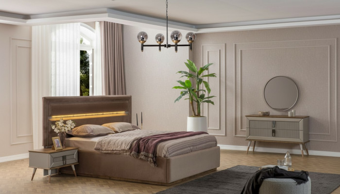 Beżowa Sypialnia Luxury Meble Designer Podwójne łóżko 2x Szafki nocne 5szt