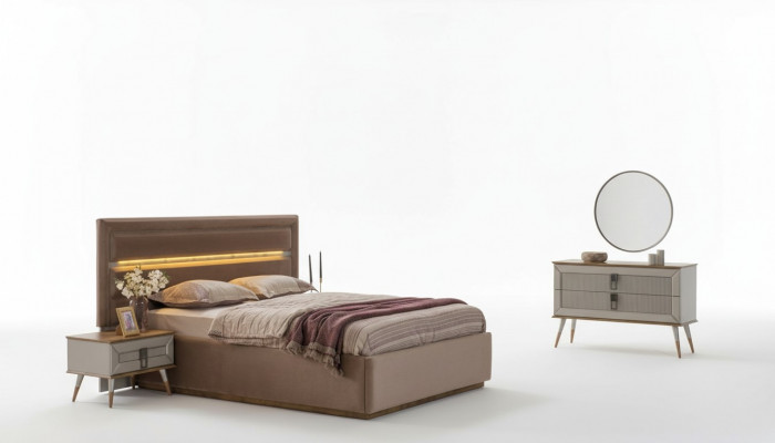 Beżowa Sypialnia Luxury Meble Designer Podwójne łóżko 2x Szafki nocne 5szt