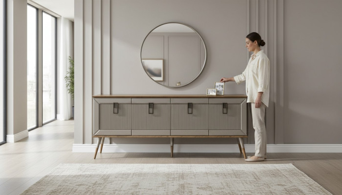 Solidny designerski kredens Kredens luksusowe okrągłe lustro Szafa 2-częściowe