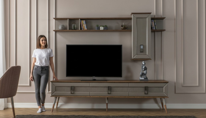 Nowoczesne Brązowe Meble do Salonu Solidny Kredens Designerski Półka 2szt