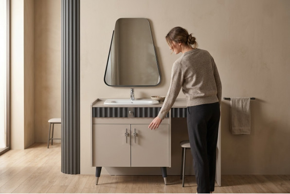 Beżowa Toaletka Drewno designerska konsola kosmetyczna Lustro 2-częściowa