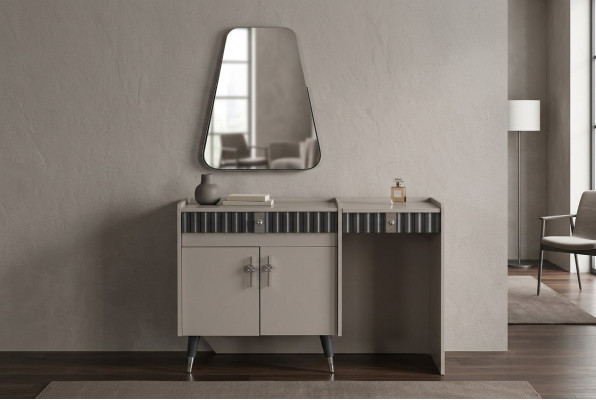 Beżowa Toaletka Drewno designerska konsola kosmetyczna Lustro 2-częściowa