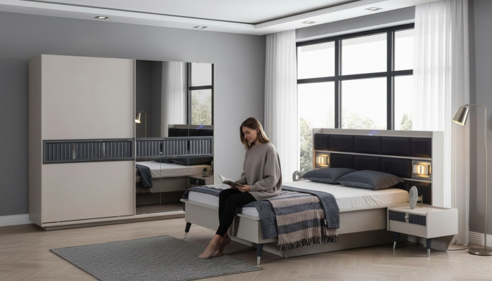 Szary Sypialnia Meble Designerskie Łóżko 2x Szafki Drewno nocne Szafa 4szt