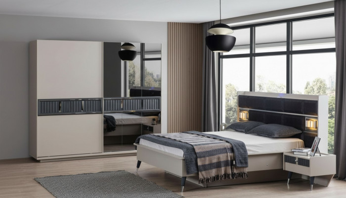 Szary Sypialnia Meble Designerskie Łóżko 2x Szafki Drewno nocne Szafa 4szt