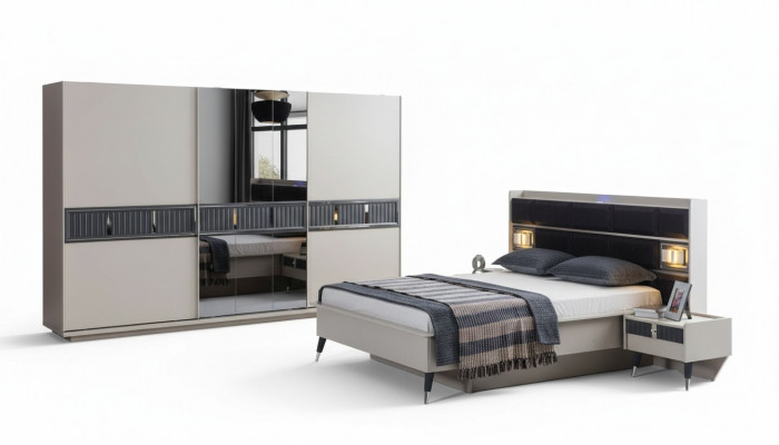 Szary Sypialnia Meble Designerskie Łóżko 2x Szafki Drewno nocne Szafa 4szt