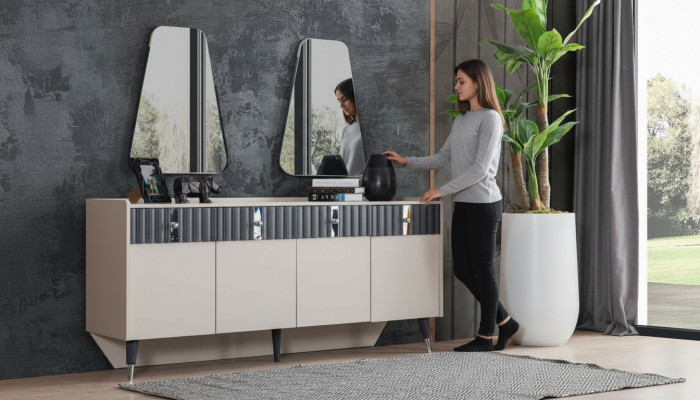 Kompletny zestaw Ustaw Designer Beige Kredens Sideobard 2x Lustro 3-częściowy zestaw