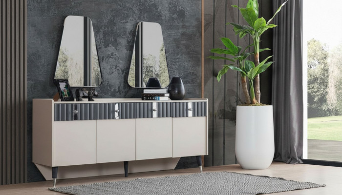 Kompletny zestaw Ustaw Designer Beige Kredens Sideobard 2x Lustro 3-częściowy zestaw