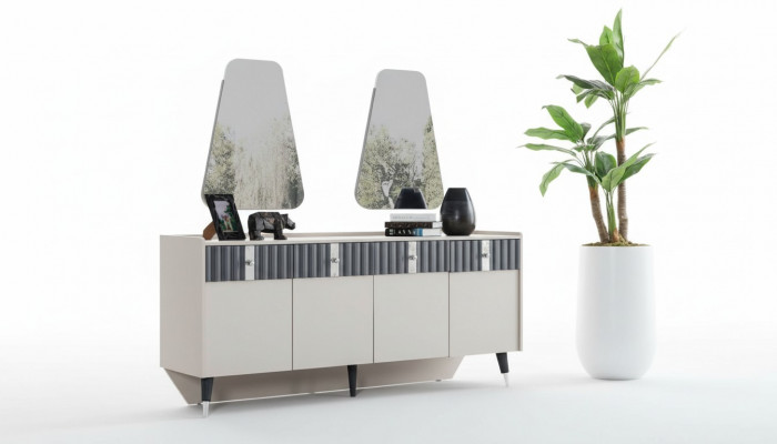 Kompletny zestaw Ustaw Designer Beige Kredens Sideobard 2x Lustro 3-częściowy zestaw