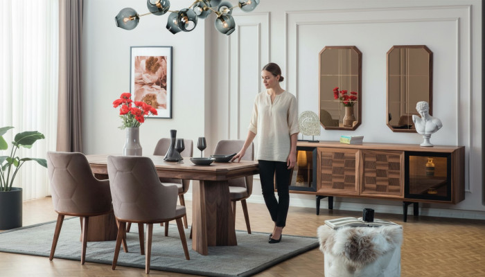 Stylowa grupa jadalniana Ekskluzywny stół drewniany Designerski kredens Krzesła 10 sztuk