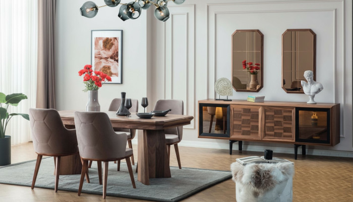 Stylowa grupa jadalniana Ekskluzywny stół drewniany Designerski kredens Krzesła 10 sztuk