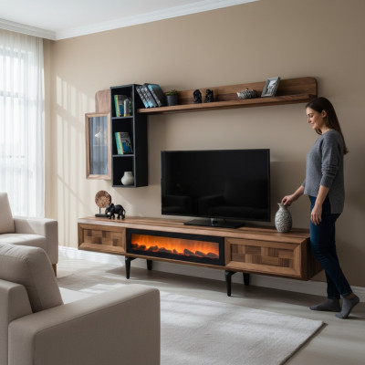 Brązowy zestaw ścienny do salonu designerski stojak TV RTV Drewno półki LED