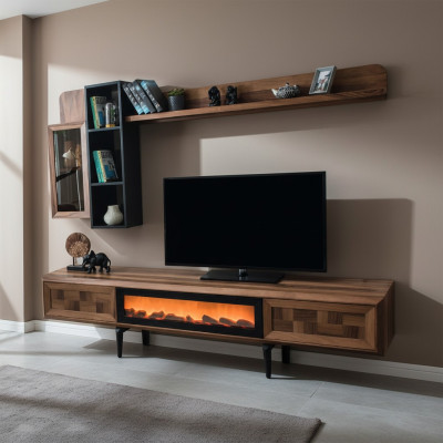 Brązowy zestaw ścienny do salonu designerski stojak TV RTV Drewno półki LED