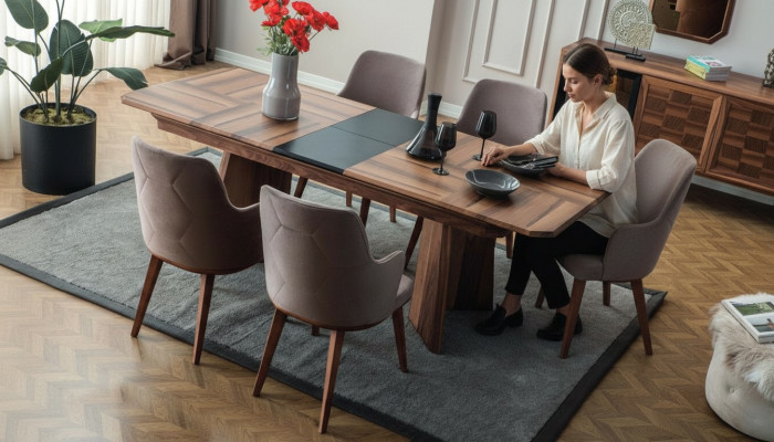 Kompletna designerska jadalnia Drewno Stół obiadowy 6x krzesła tapicerowane