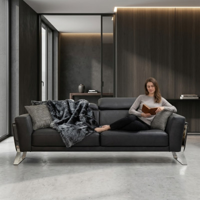 Czarna Sofa do Salonu Trzyosobowa Designerska Luksusowa Skóra 3-miejsce siedzące Meble