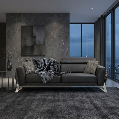 Czarna Sofa do Salonu Trzyosobowa Designerska Luksusowa Skóra 3-miejsce siedzące Meble