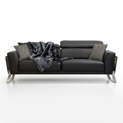 Czarna Sofa do Salonu Trzyosobowa Designerska Luksusowa Skóra 3-miejsce siedzące Meble
