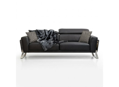 Czarna Sofa do Salonu Trzyosobowa Designerska Luksusowa Skóra 3-miejsce siedzące Meble